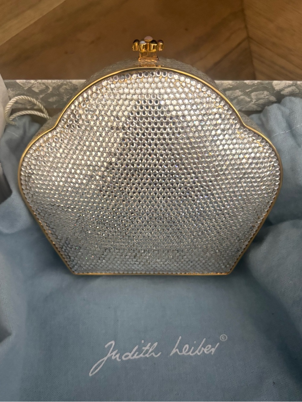 Judith Leiber Crystal Clutch Silver Gold w/ Box Mirror Coin Purse Vintage